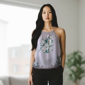 Soho Floral Halter Tank Top Gray Purple Green XL